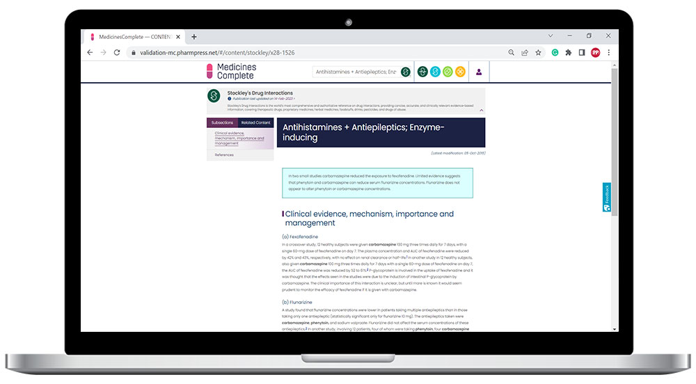 Stockley’s Drug Interactions page display